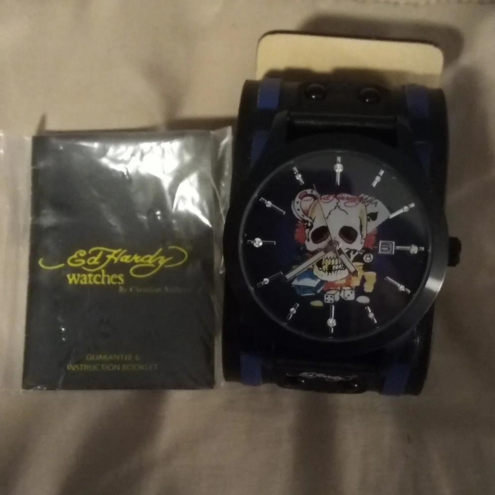 Vintage Y2K Ed Hardy Love Kills Slowly Skull Watch Black Leather Cuff Round Face